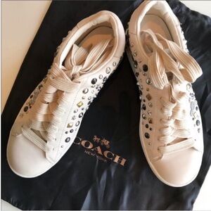 Coach Beige Leather Metal Studded Lace Up Sneakers 8
